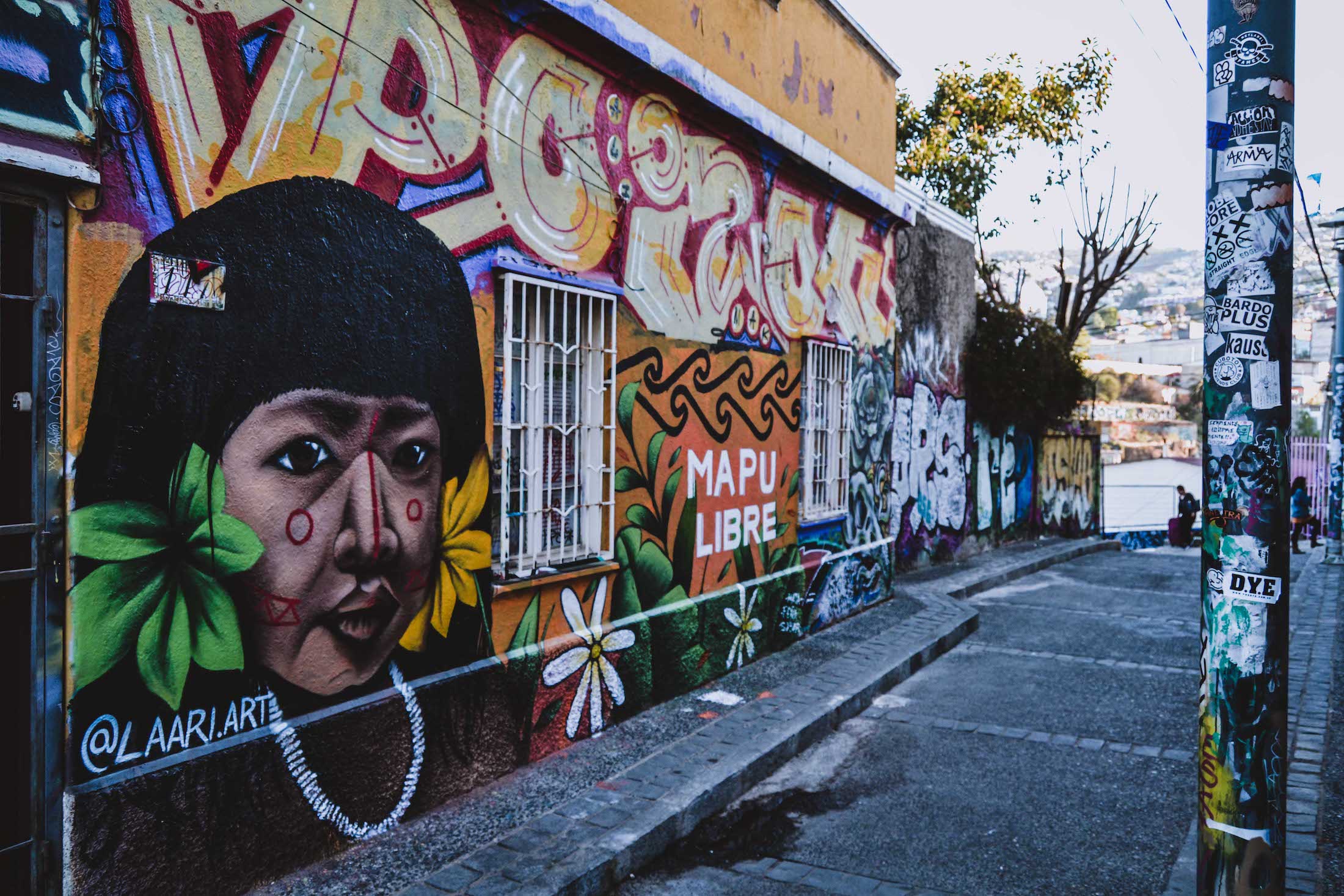 Peinture murale au Cerro Concepcion, enfant mapuche, avec écrit "Mapu Libre"